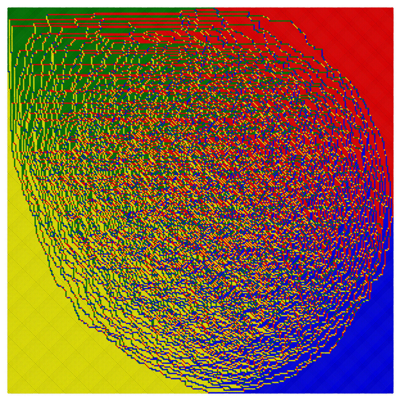A random domino tiling of the Aztec diamond of size 300 with i.i.d. continuous uniform random weights on [0,2]